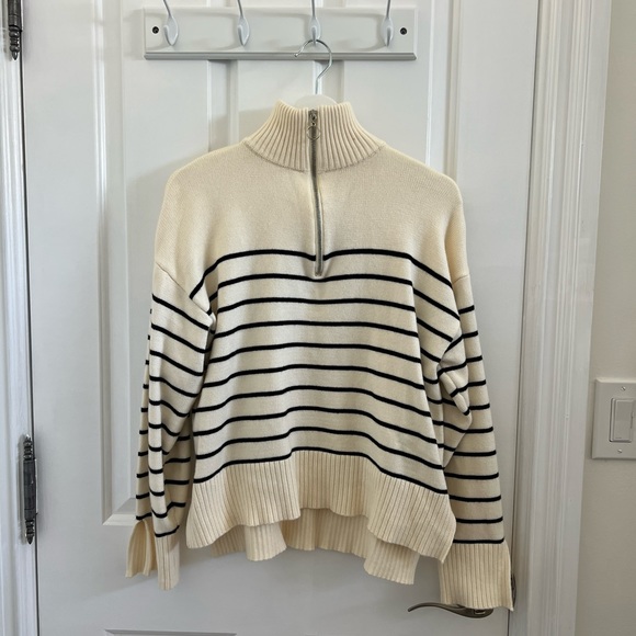 Zara Inspired Women Oversized Striped Sweater Long Sleeve Half Zip Pullover - Picture 3 of 5